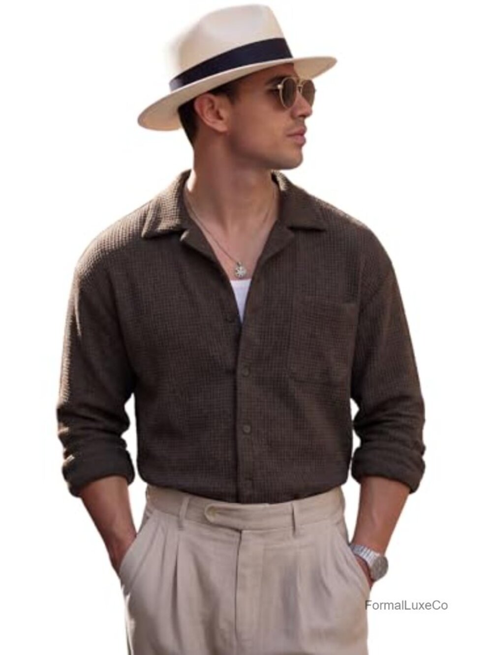 Men's Waffle Knit Cuban Collar Long Sleeve Button Down Shirt Jacket Shacket